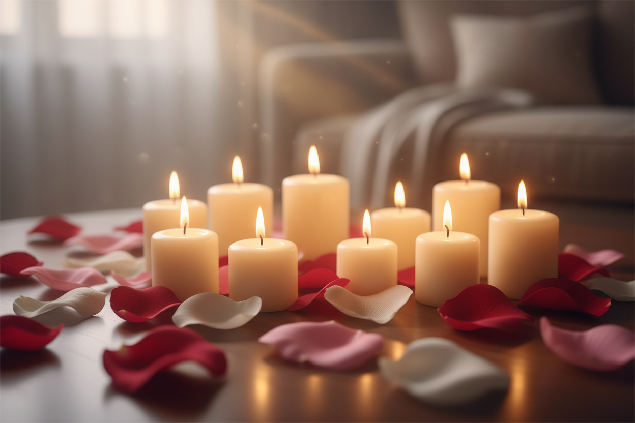 candle lights, rose petals, 
